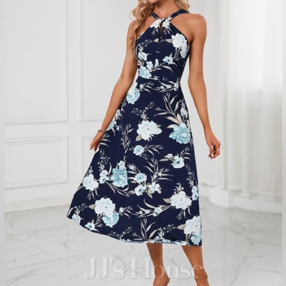 NWT Floral Print Asymmetrical Elegant A-line Polyester Midi Dress